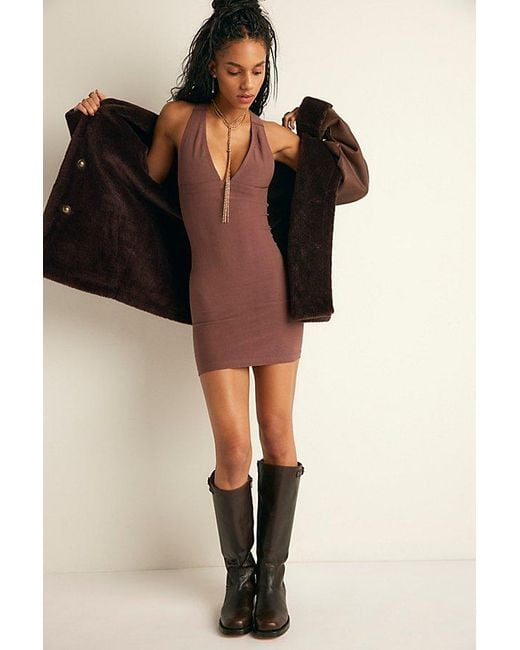 Free People Brown Pearl Cotton Plunge Mini Slip Dress By