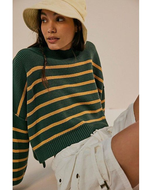 Free People Easy Street Stripe Crop Pullover At In Hunter Green Combo, Size: Xs