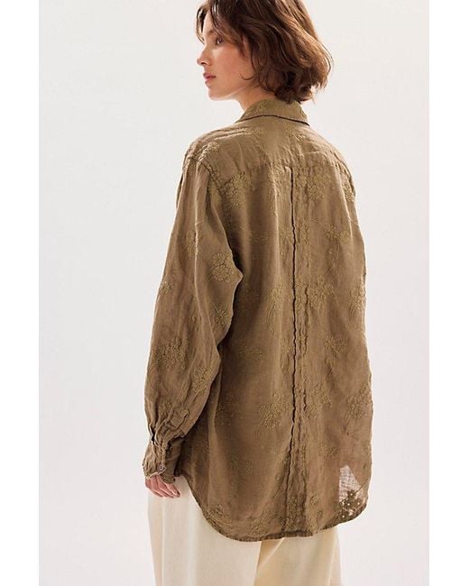 Llea Blue Brown Floral Embroidered Linen Shirt