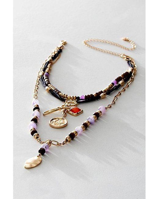 Free People Brown Protagonist Layered Necklace At In Gold/amethyst