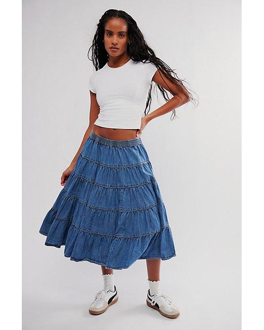 Free People Blue In Full Swing Chambray Midi Skirt