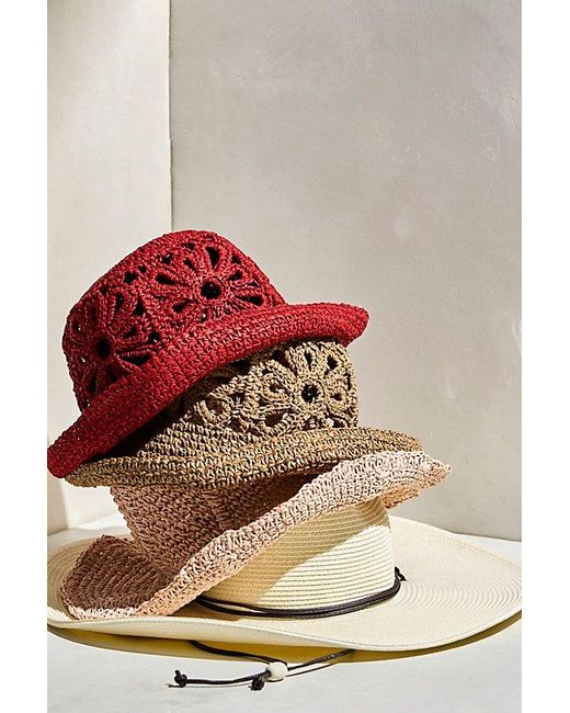 Free People Red Cut-Out Daisy Crochet Straw Bucket Hat