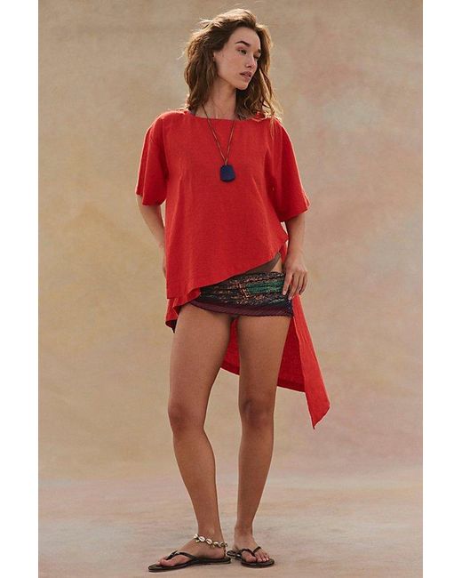free-est Red Alina Cotton-Linen Short-Sleeve Top By