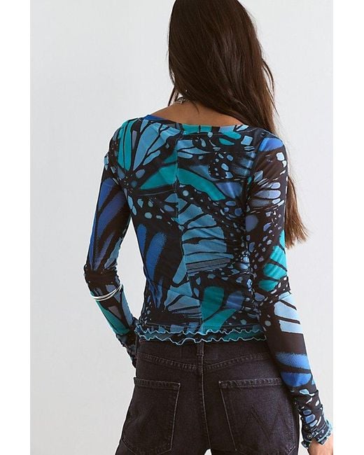 Free People Blue Lilly Printed Long Sleeve Top