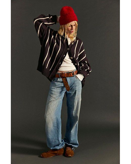 Free People Blue Don'T Wait Up Pinstripe Boyfriend Jeans