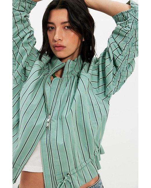 Free People Green Devon Striped Balloon Funnel-Neck Jacket
