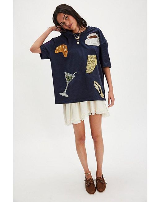 Denim and Bone Blue Dinner Party Embroidered Tee