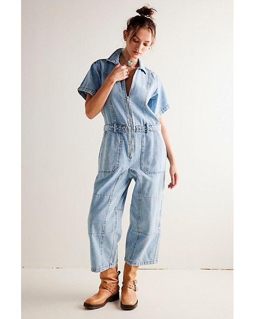 Free People Blue We The Free On The Run Cropped Coverall