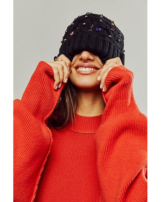 Free People Red Crystal Candy Embellished Beanie