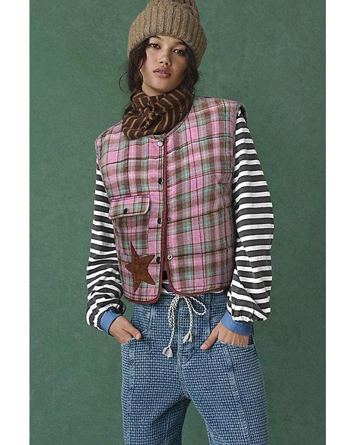 Free People Green Starry Plaid Vest Jacket