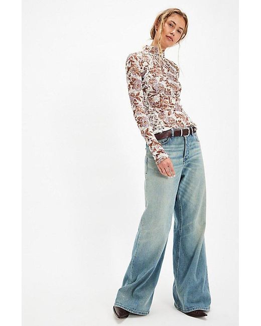 Free People Blue Lyric Sheer Lace Long Sleeve Turtleneck Top