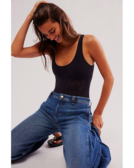 Intimately By Free People Blue Cut-out Plunge Textured Bodysuit