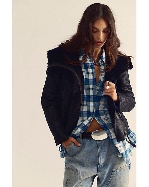 Free People Blue Fourline Shearling Aviator Jacket