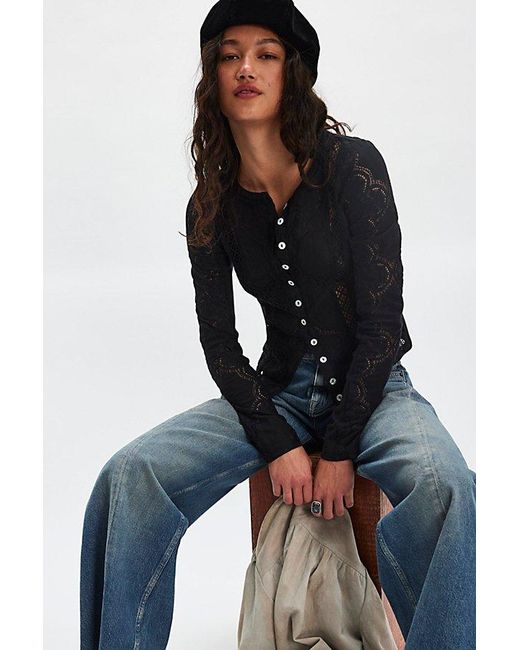 Free People Black Jae Sheer Lace Knit Long Sleeve Top
