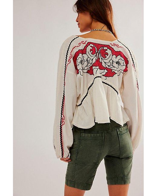 Free People Green Bonnie Embroidered Top At In White, Size: Medium