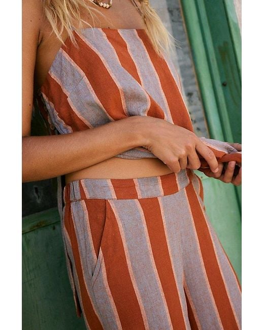 free-est Green Sightseer Linen Striped Pant Set By