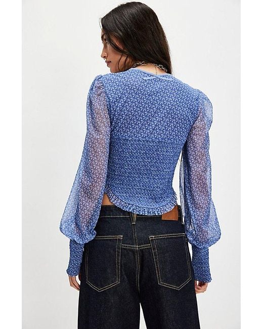 Free People Blue Dottie Printed Long Sleeve Knit Top