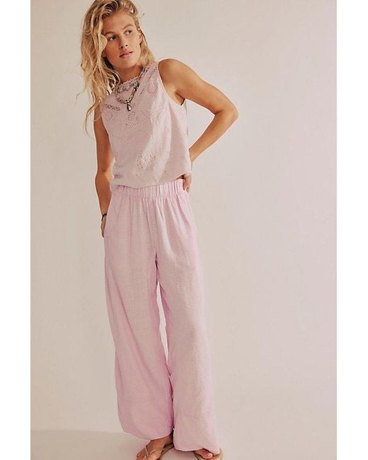 Free People Pink Day's End Linen Pull-On Pants
