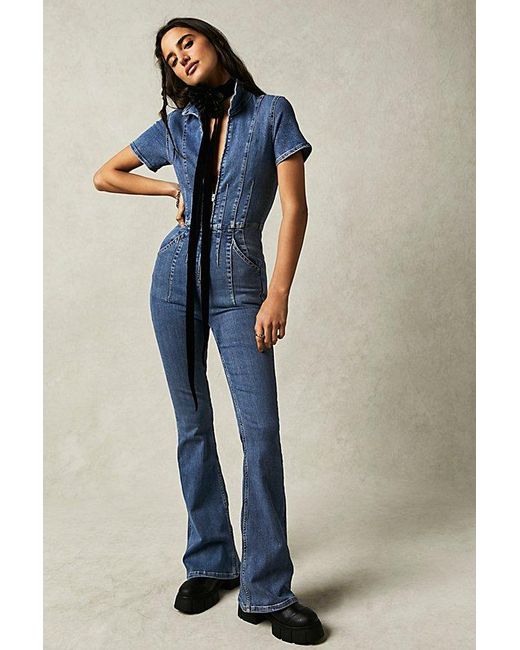 Free People Jayde Flare Jumpsuit At Free People In Sunburst Blue, Size: Xs