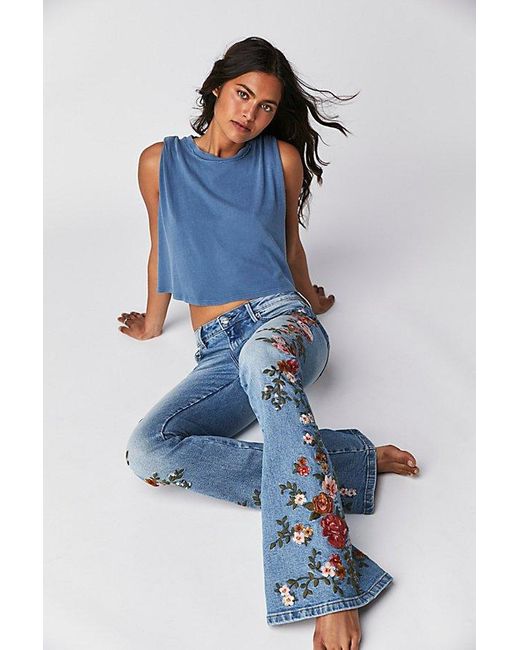 Free People Blue Driftwood Farrah Embroidered Flare Jeans