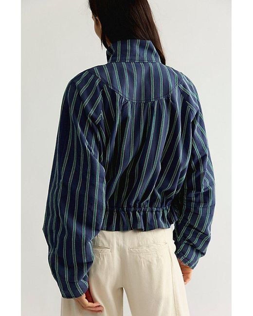 Free People Blue Devon Striped Balloon Funnel-Neck Jacket