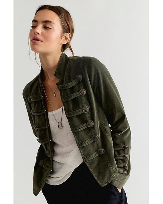 Free People Blue Fitted Velvet Military Jacket