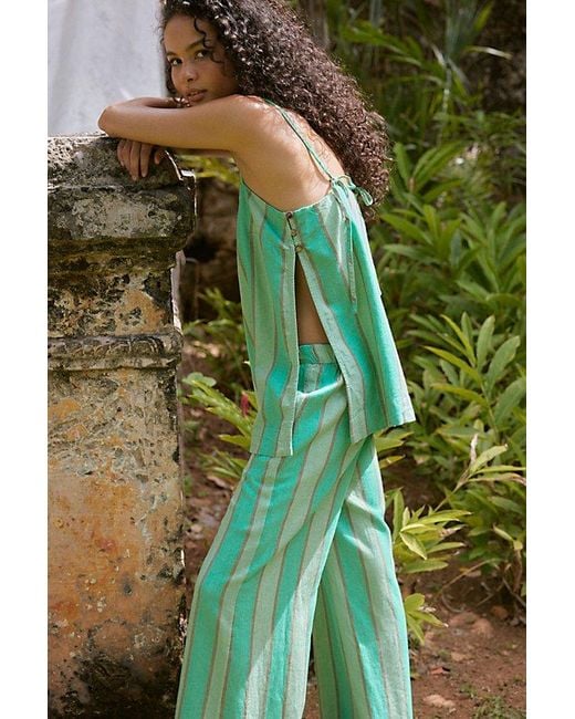 free-est Green Sightseer Linen Striped Pant Set By