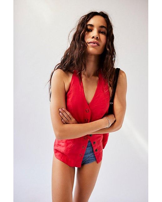 Free People Red Scout Linen Halter Top