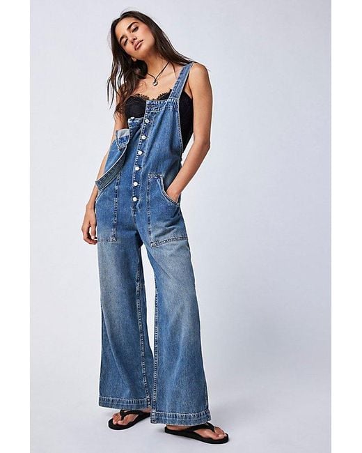 Free People Fields Of Flowers Wide-leg Overalls At Free People In Johnny Blue, Size: Large