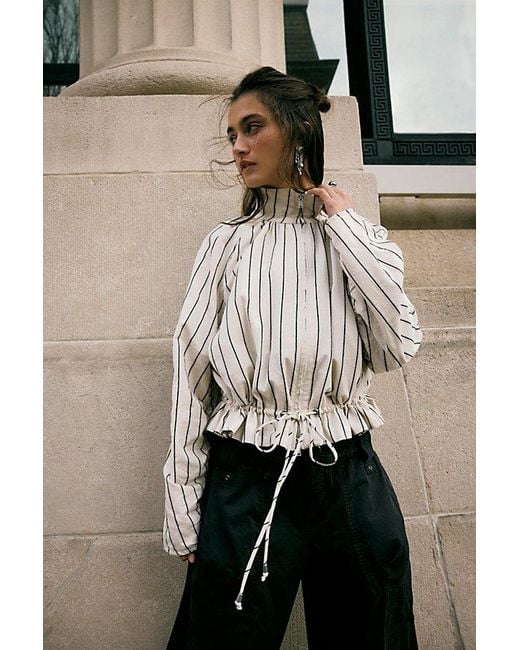 Free People Natural Devon Striped Balloon Funnel-Neck Jacket