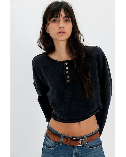 Free People Black Katie Cropped Henley Sweatshirt