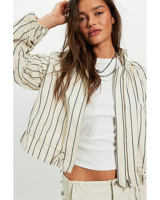 Free People Natural Devon Striped Balloon Funnel-Neck Jacket