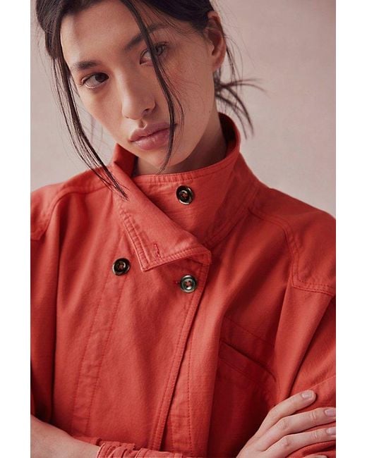 Free People Red Collins Washed Canvas Funnel-Neck Jacket