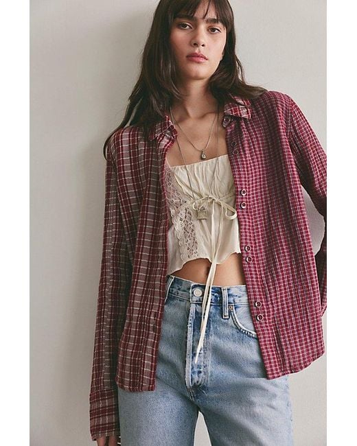 Free People Red Benny Slim Plaid Button-Down