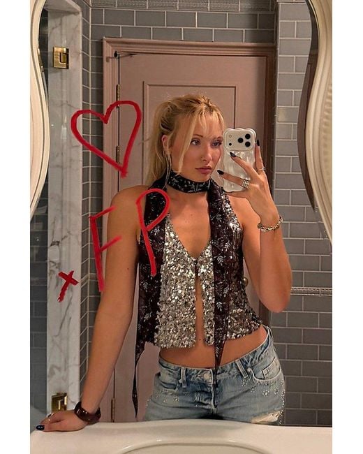 Free People Black Faye Shine Embellished Vest Jacket