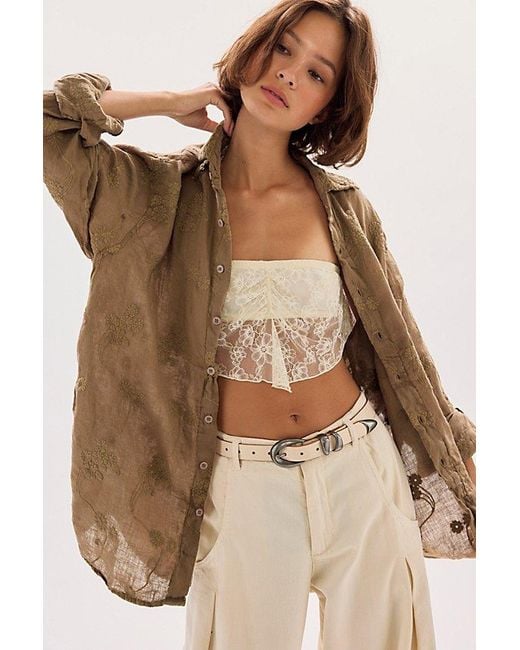Llea Blue Brown Floral Embroidered Linen Shirt