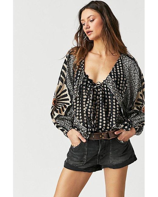 Free People Elena Printed Top At In Black Combo, Size: Xs