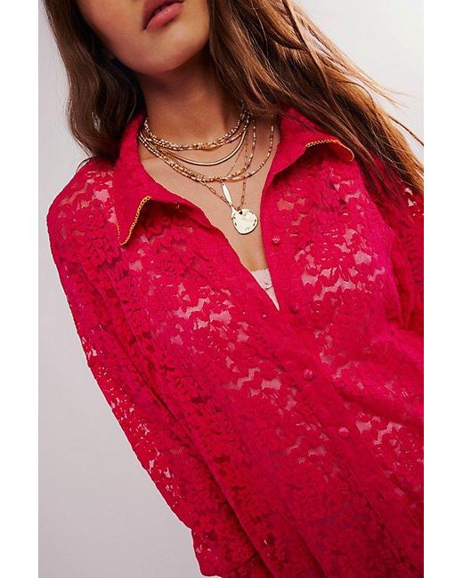 Free People Red All Day Lace House Shirt