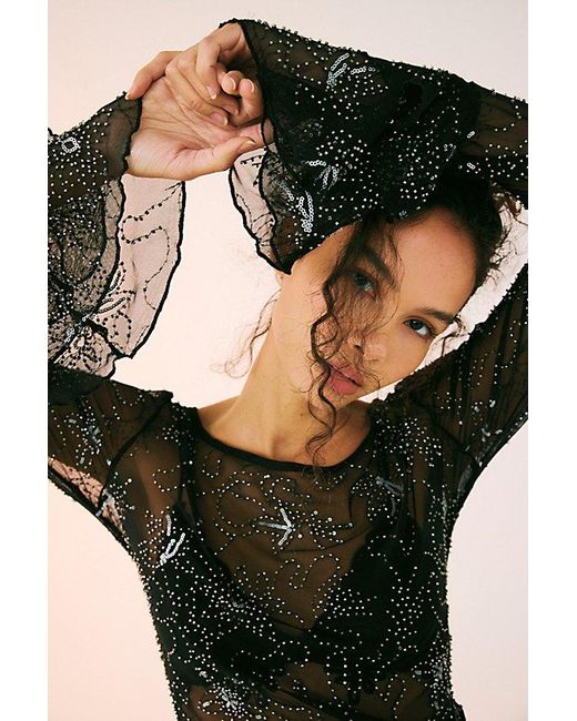 Free People Black One Night Out Long Sleeve Embellished Top