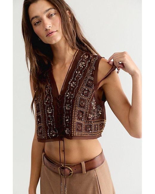 Free People Brown Sun Kissed Embellished Vest Jacket