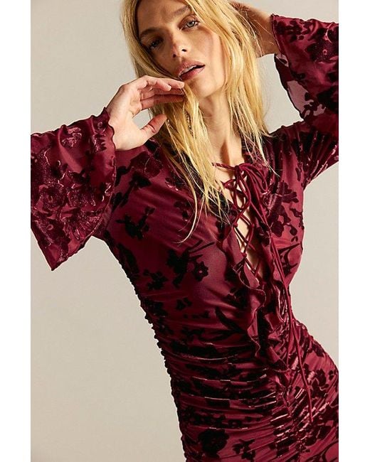 Saemdi Red Flocked Mesh Midi Dress