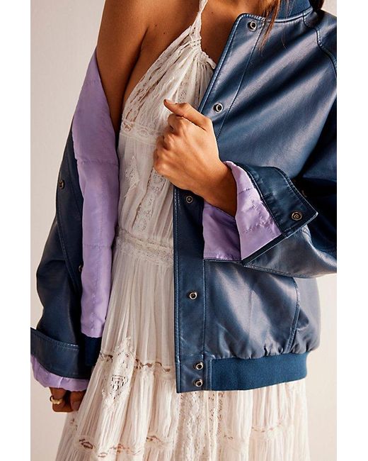 Free People Blue We The Free Wild Rose Vegan Leather Bomber Jacket At In Overboard, Size: Small
