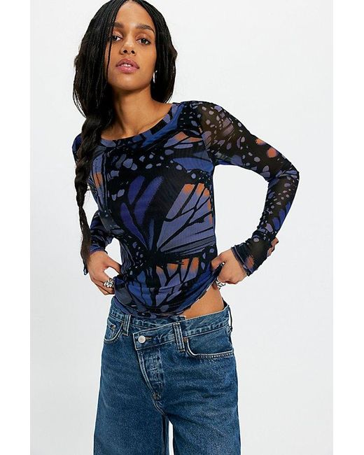 Free People Blue Lilly Printed Long Sleeve Top