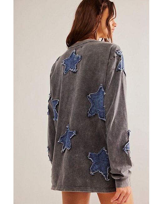 One Teaspoon Blue Denim Star Bf Long-sleeve Top At Free People In Grey, Size: Small