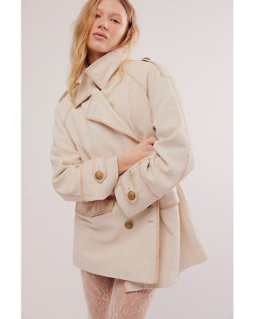 Free People Natural Top Notch Leather Pea Coat Jacket At Free People In Conch, Size: Small