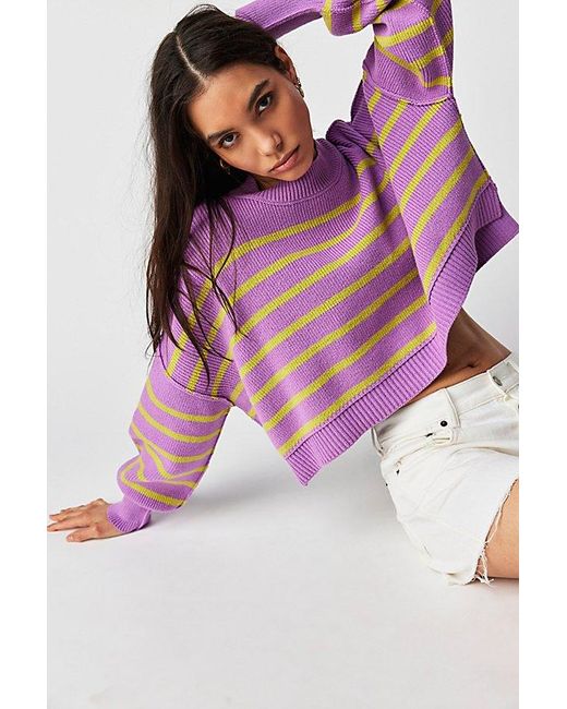 Free People Multicolor Easy Street Stripe Crop Pullover At In Iris Orchid Combo, Size: Small
