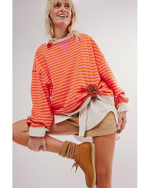 Free People Red Classic Striped Oversized Crewneck