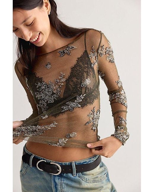 Intimately By Free People Green Talk To Me Embellished Long Sleeve Top By