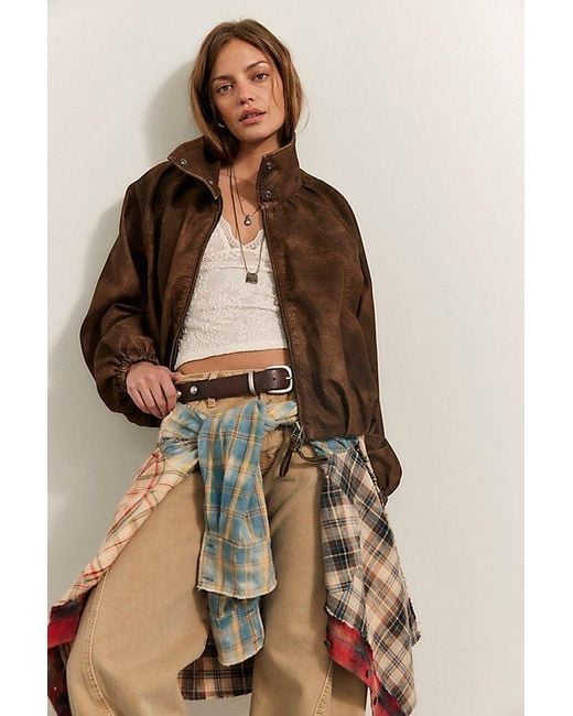 Free People Brown Chelsea Vegan Suede Funnel-Neck Jacket