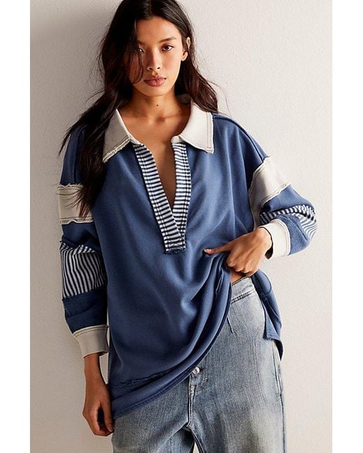 Free People Blue Clean Prep Polo At Free People In Sparkling Indigo Combo, Size: Xs